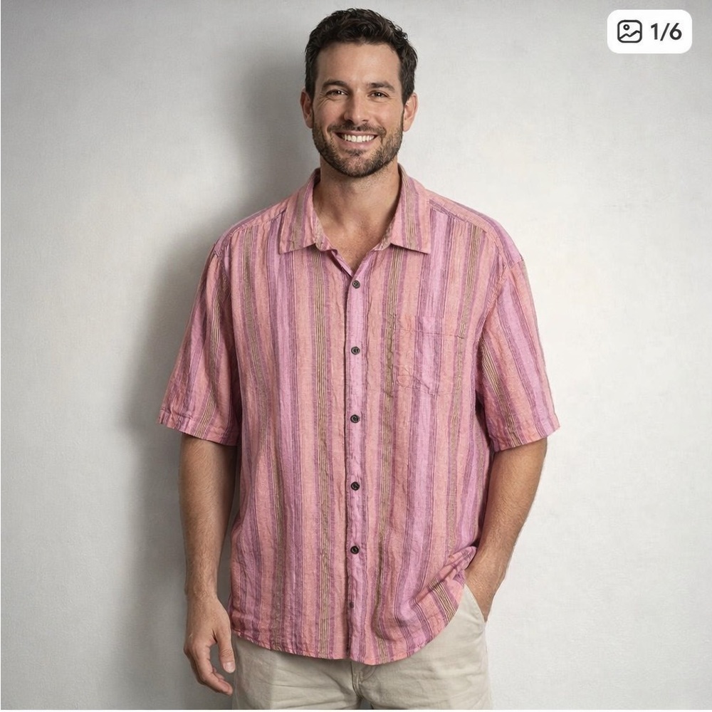 Tommy Bahama 100% Linen Shirt Mens XL Pink Striped